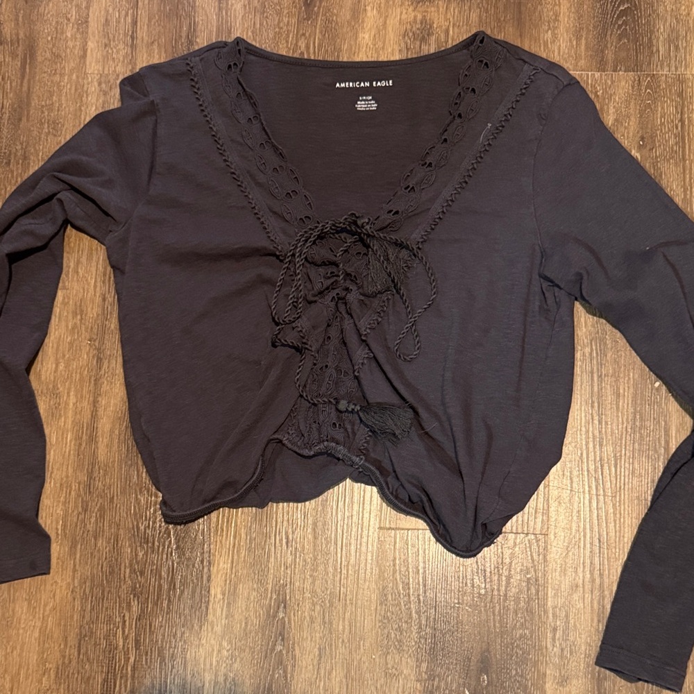 American Eagle Outfitters Women's Dark Gray Lace-Up Long Sleeve Top